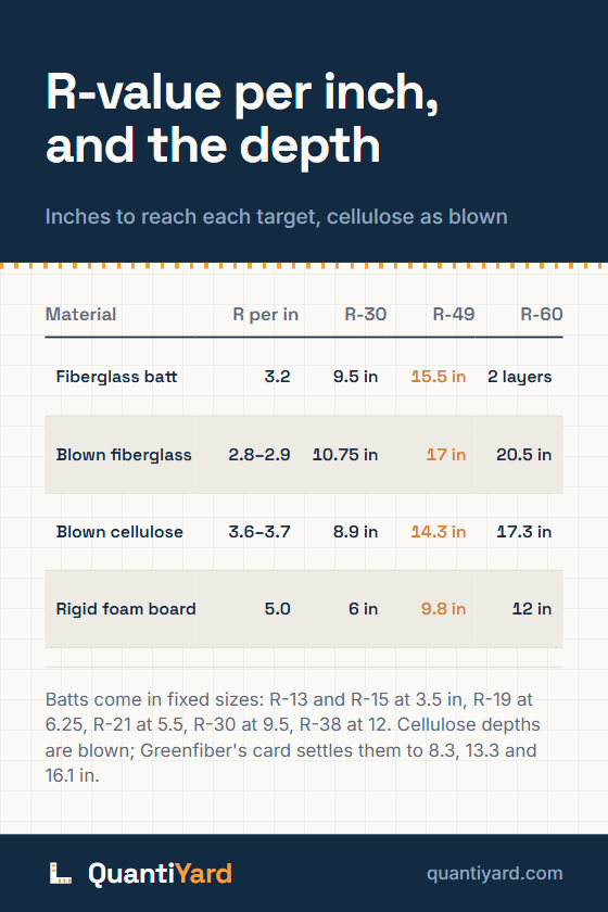 Reference chart. R-value per inch, and the depth, inches to reach each target, cellulose as blown. Columns: Material, R per in, R-30, R-49, R-60. Fiberglass batt, 3.2, 9.5 in, 15.5 in, 2 layers; Blown fiberglass, 2.8–2.9, 10.75 in, 17 in, 20.5 in; Blown cellulose, 3.6–3.7, 8.9 in, 14.3 in, 17.3 in; Rigid foam board, 5.0, 6 in, 9.8 in, 12 in.